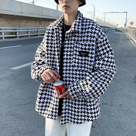 Men Geometric Black White Casual Houndstooth Shirt Collar Outwear Traf Coats V Buttons Long Sleeve Men Top Jackets Fashion