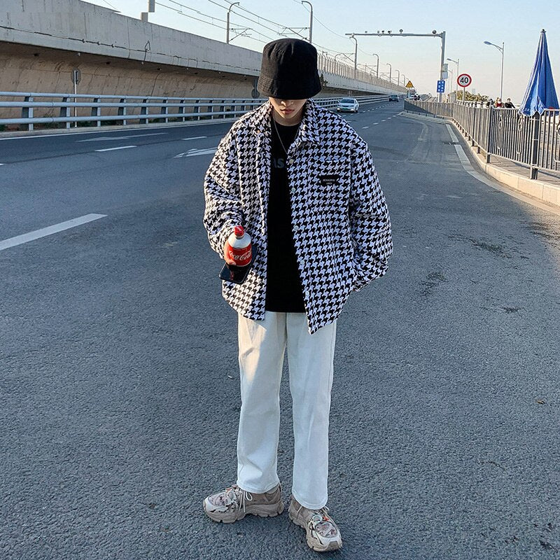 Men Geometric Black White Casual Houndstooth Shirt Collar Outwear Traf Coats V Buttons Long Sleeve Men Top Jackets Fashion