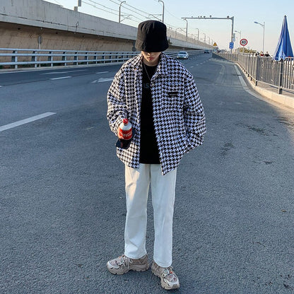 Men Geometric Black White Casual Houndstooth Shirt Collar Outwear Traf Coats V Buttons Long Sleeve Men Top Jackets Fashion