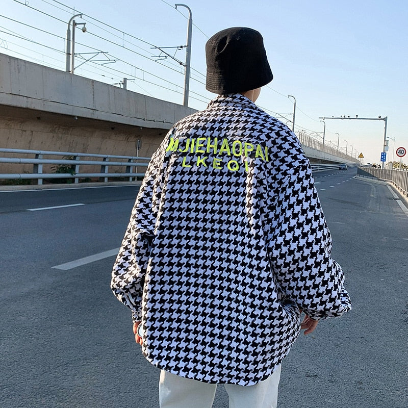 Men Geometric Black White Casual Houndstooth Shirt Collar Outwear Traf Coats V Buttons Long Sleeve Men Top Jackets Fashion