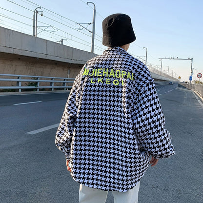 Men Geometric Black White Casual Houndstooth Shirt Collar Outwear Traf Coats V Buttons Long Sleeve Men Top Jackets Fashion