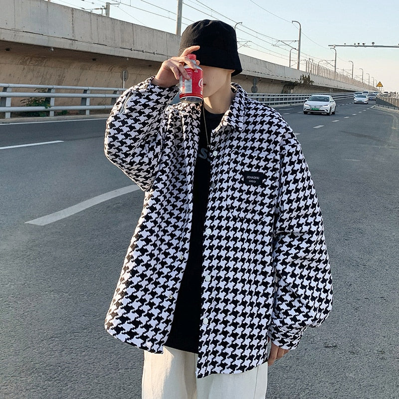 Men Geometric Black White Casual Houndstooth Shirt Collar Outwear Traf Coats V Buttons Long Sleeve Men Top Jackets Fashion