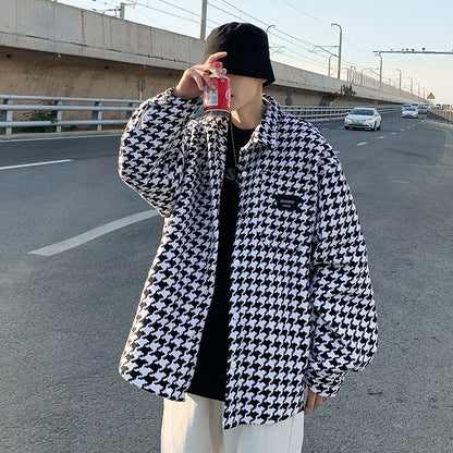 Men Geometric Black White Casual Houndstooth Shirt Collar Outwear Traf Coats V Buttons Long Sleeve Men Top Jackets Fashion