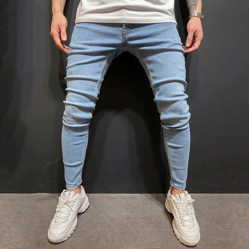 Men's Pencil Denim Pants 2019 Scratched Jeans Casual Button Unopened Stretch Denim Pants Elastic Waist High Quality Jean Plus US size