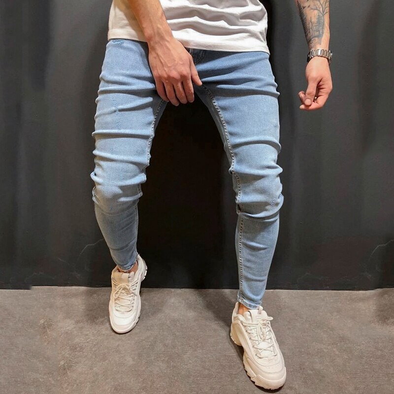 Men's Pencil Denim Pants 2019 Scratched Jeans Casual Button Unopened Stretch Denim Pants Elastic Waist High Quality Jean Plus US size