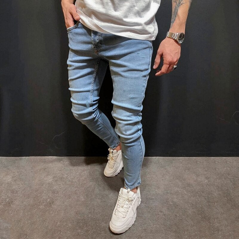 Men's Pencil Denim Pants 2019 Scratched Jeans Casual Button Unopened Stretch Denim Pants Elastic Waist High Quality Jean Plus US size