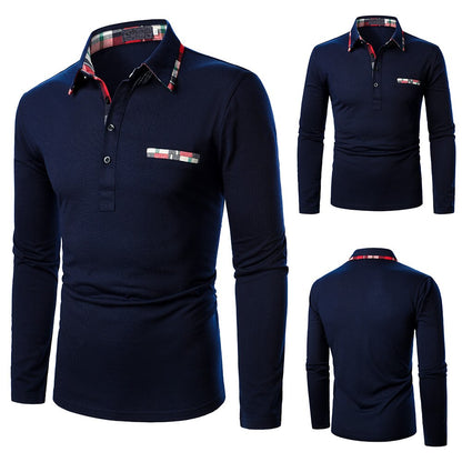 Men Plaid Solid Turn-Down-Collar Long Sleeve Polo Shirt Slim Fit Business Casual Tops Spring&Autumn Homme Polo Tee 2021 New Sale