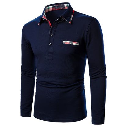 Men Plaid Solid Turn-Down-Collar Long Sleeve Polo Shirt Slim Fit Business Casual Tops Spring&Autumn Homme Polo Tee 2021 New Sale