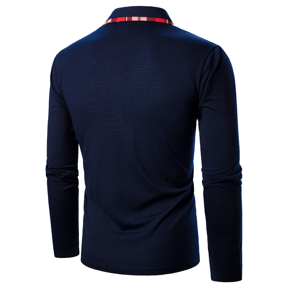 Men Plaid Solid Turn-Down-Collar Long Sleeve Polo Shirt Slim Fit Business Casual Tops Spring&Autumn Homme Polo Tee 2021 New Sale