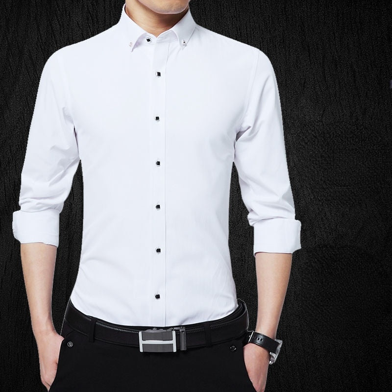 Men's Button Up Shirts Cotton Long Sleeve Solid White Anti Wrinkle Non Iron Korean Slim Formal Business Standard-fit Dress Shirt