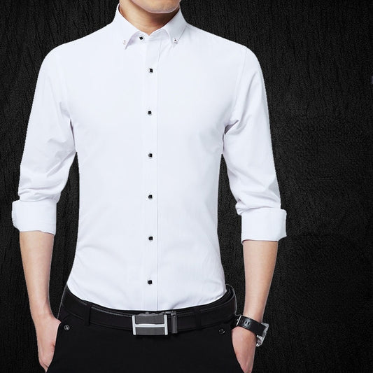Men's Button Up Shirts Cotton Long Sleeve Solid White Anti Wrinkle Non Iron Korean Slim Formal Business Standard-fit Dress Shirt