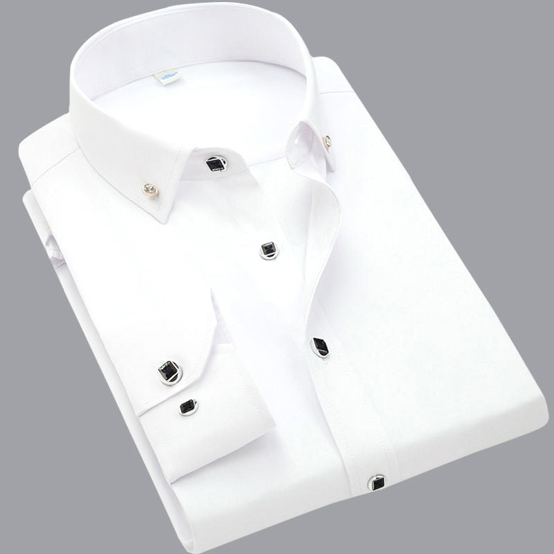 Men's Button Up Shirts Cotton Long Sleeve Solid White Anti Wrinkle Non Iron Korean Slim Formal Business Standard-fit Dress Shirt