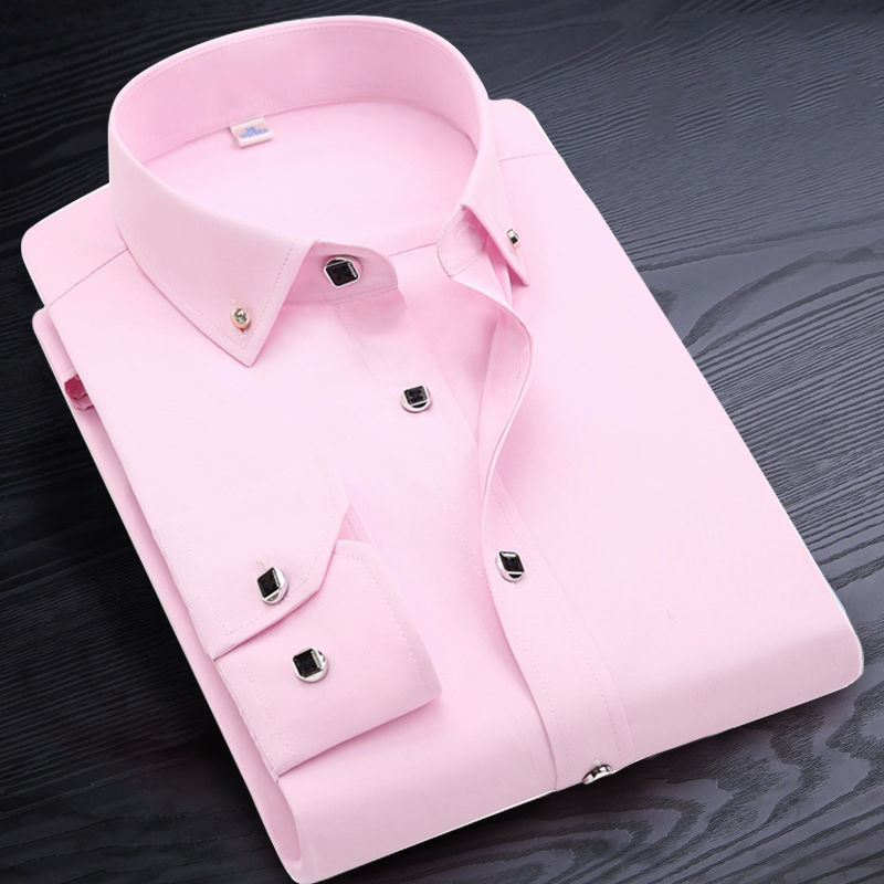 Men's Button Up Shirts Cotton Long Sleeve Solid White Anti Wrinkle Non Iron Korean Slim Formal Business Standard-fit Dress Shirt