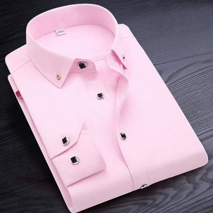 Men's Button Up Shirts Cotton Long Sleeve Solid White Anti Wrinkle Non Iron Korean Slim Formal Business Standard-fit Dress Shirt