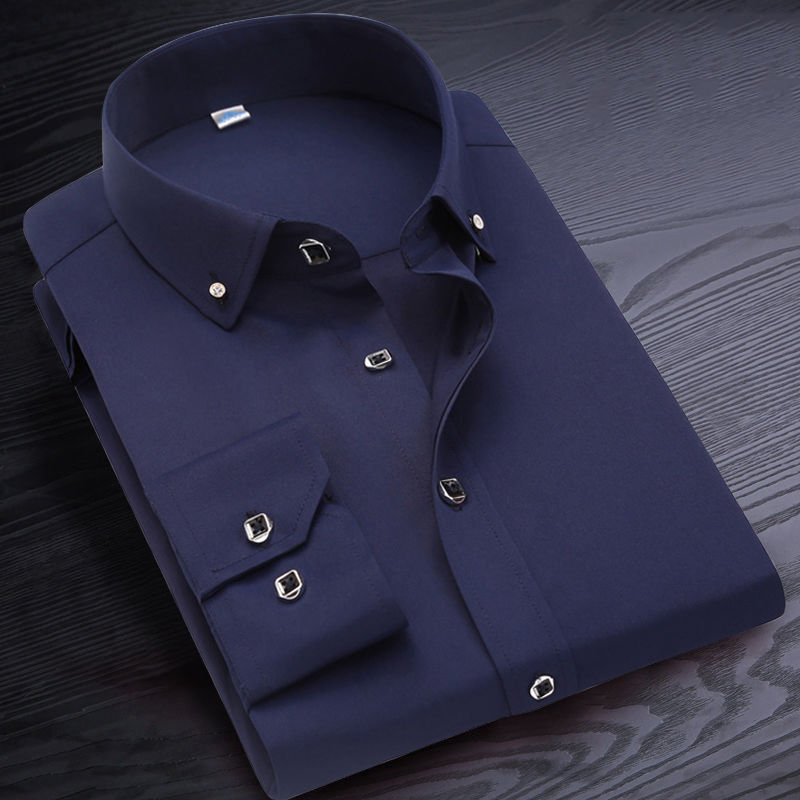 Men's Button Up Shirts Cotton Long Sleeve Solid White Anti Wrinkle Non Iron Korean Slim Formal Business Standard-fit Dress Shirt