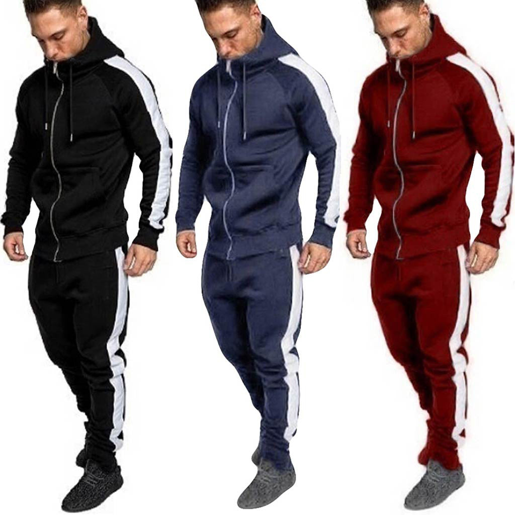 Men's Casual Stitching Tracksuit Long Sleeve Zipper Hooded Sweatshirt Pants Sets Winter Jogging Sports Warm Hoodies Suit#Z