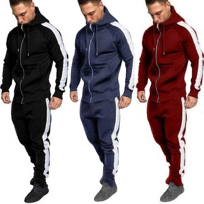 Men's Casual Stitching Tracksuit Long Sleeve Zipper Hooded Sweatshirt Pants Sets Winter Jogging Sports Warm Hoodies Suit#Z
