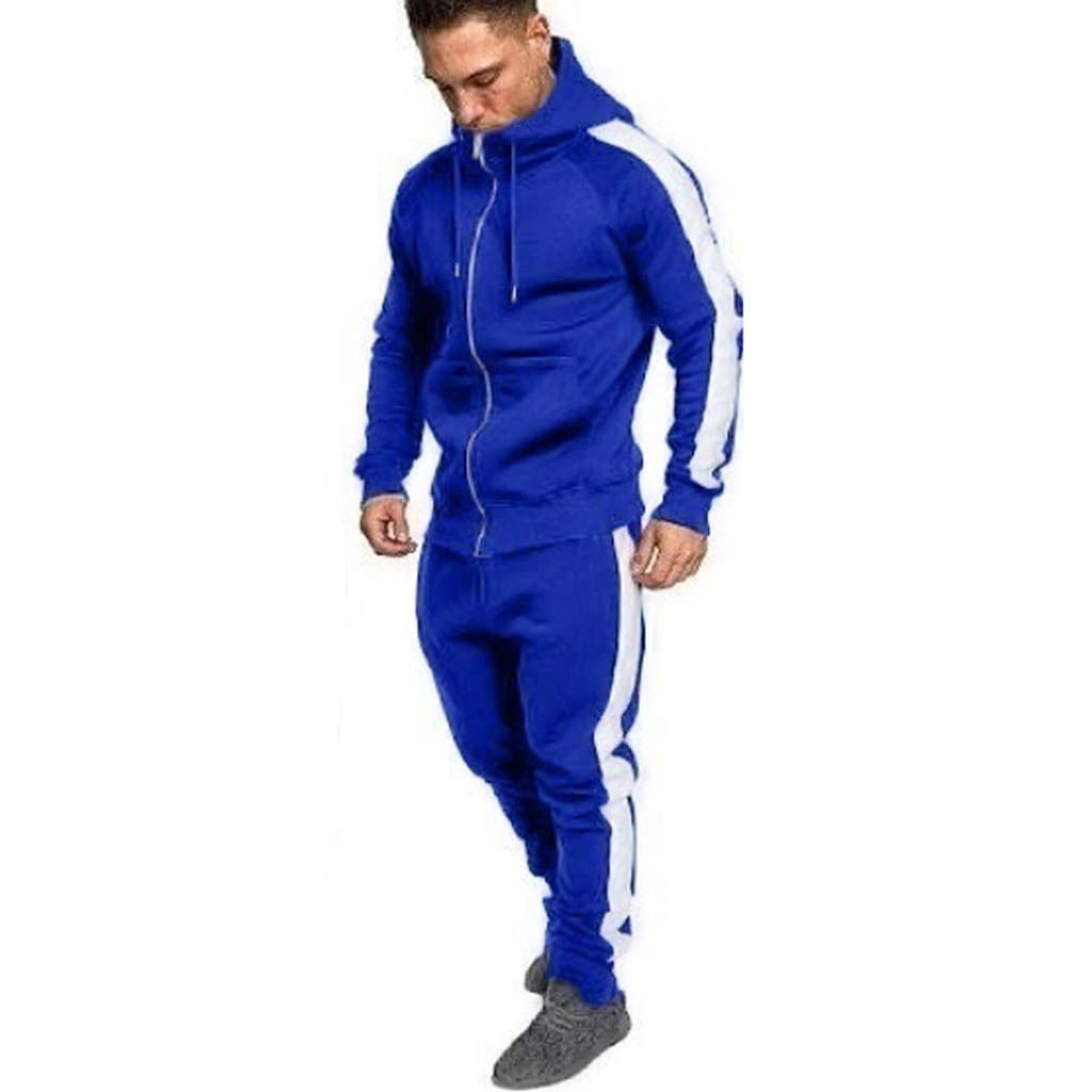 Men's Casual Stitching Tracksuit Long Sleeve Zipper Hooded Sweatshirt Pants Sets Winter Jogging Sports Warm Hoodies Suit#Z