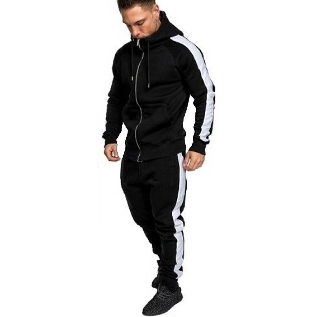 Men's Casual Stitching Tracksuit Long Sleeve Zipper Hooded Sweatshirt Pants Sets Winter Jogging Sports Warm Hoodies Suit#Z
