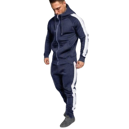 Men's Casual Stitching Tracksuit Long Sleeve Zipper Hooded Sweatshirt Pants Sets Winter Jogging Sports Warm Hoodies Suit#Z