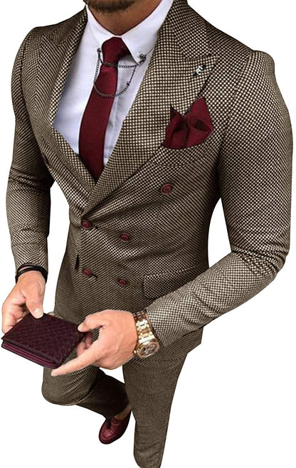 Men's Suit Grey Formal 2 Pieces Slim Fit Double Breasted Plaid Soft Wool Tweed Prom Tuxedos Wedding Groomsmen (Blazer & Pants)