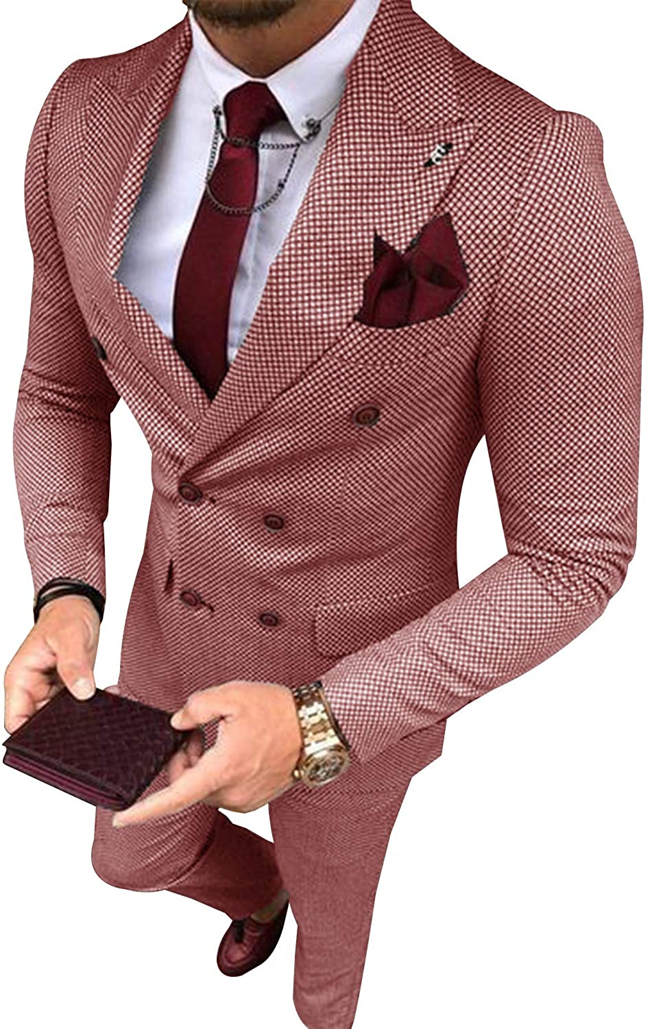 Men's Suit Grey Formal 2 Pieces Slim Fit Double Breasted Plaid Soft Wool Tweed Prom Tuxedos Wedding Groomsmen (Blazer & Pants)