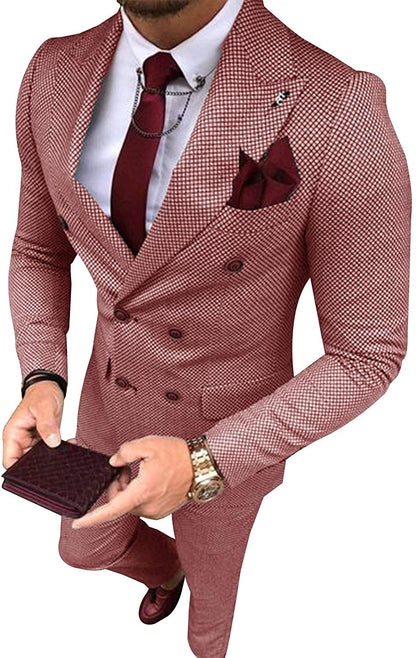 Men's Suit Grey Formal 2 Pieces Slim Fit Double Breasted Plaid Soft Wool Tweed Prom Tuxedos Wedding Groomsmen (Blazer & Pants)