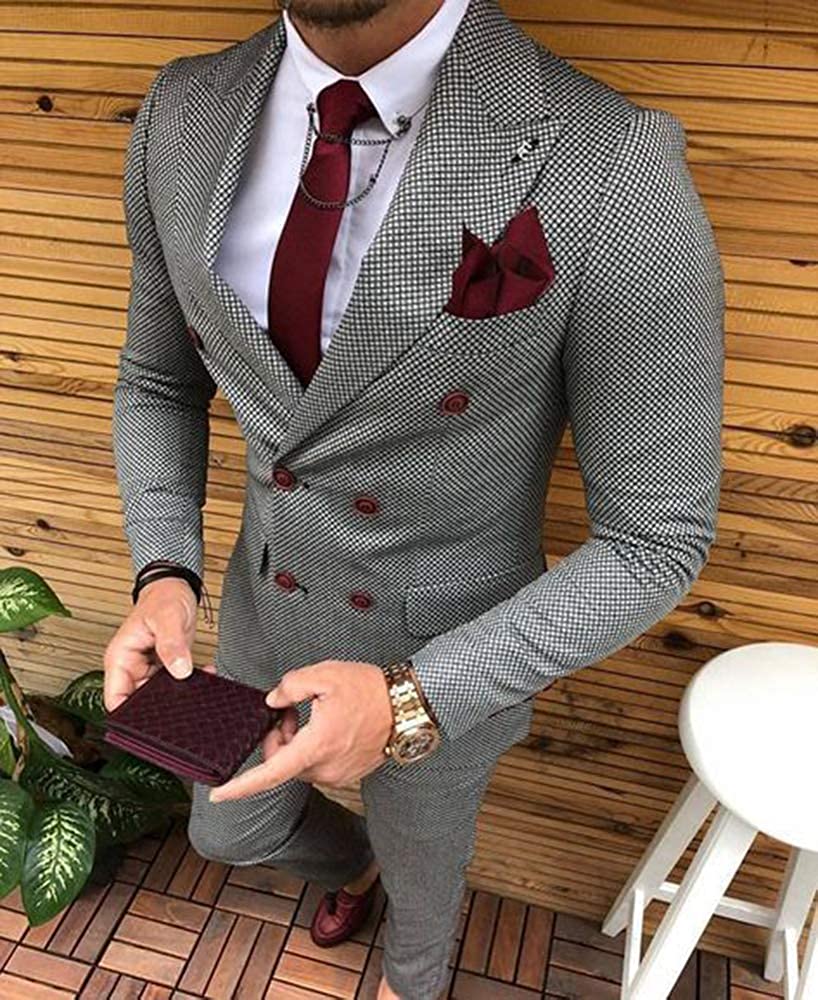 Men's Suit Grey Formal 2 Pieces Slim Fit Double Breasted Plaid Soft Wool Tweed Prom Tuxedos Wedding Groomsmen (Blazer & Pants)