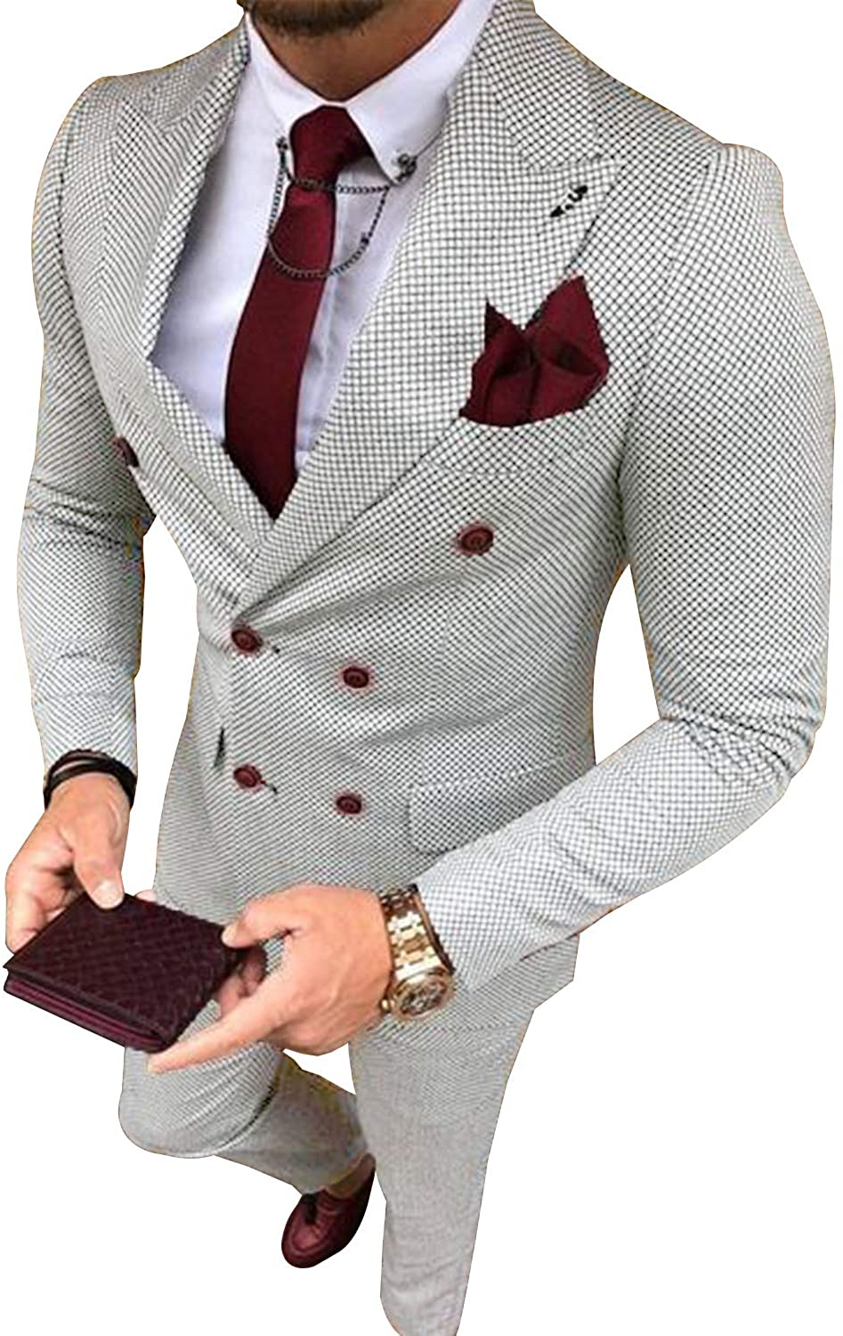 Men's Suit Grey Formal 2 Pieces Slim Fit Double Breasted Plaid Soft Wool Tweed Prom Tuxedos Wedding Groomsmen (Blazer & Pants)