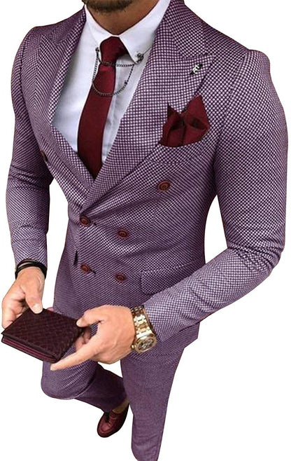 Men's Suit Grey Formal 2 Pieces Slim Fit Double Breasted Plaid Soft Wool Tweed Prom Tuxedos Wedding Groomsmen (Blazer & Pants)