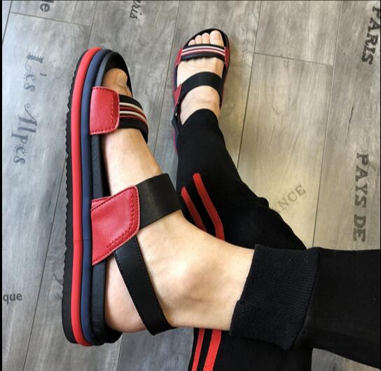 Men's All Match Strip Sandals 2018 New Summer Leather Roman Sandals Beach Shoes personality Elastic Band Sandals Slippers