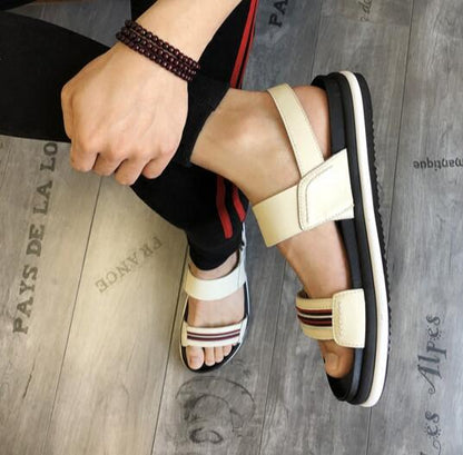 Men's All Match Strip Sandals 2018 New Summer Leather Roman Sandals Beach Shoes personality Elastic Band Sandals Slippers