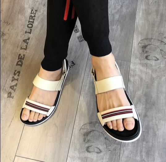 Men's All Match Strip Sandals 2018 New Summer Leather Roman Sandals Beach Shoes personality Elastic Band Sandals Slippers