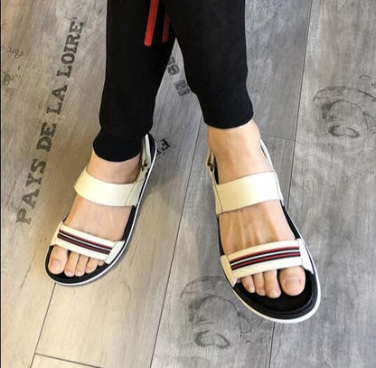 Men's All Match Strip Sandals 2018 New Summer Leather Roman Sandals Beach Shoes personality Elastic Band Sandals Slippers