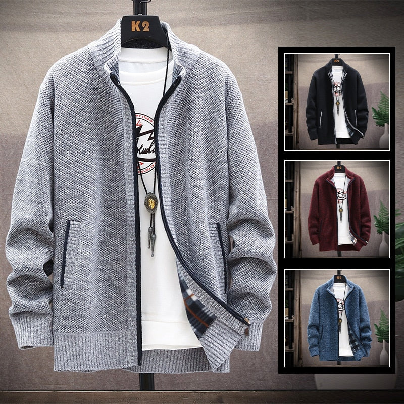 Men's Sweater Zipper Cardigan Autumn/Winter Fleece Catch Thick Warm Collar Jacket Artificial Fur Wool Coat