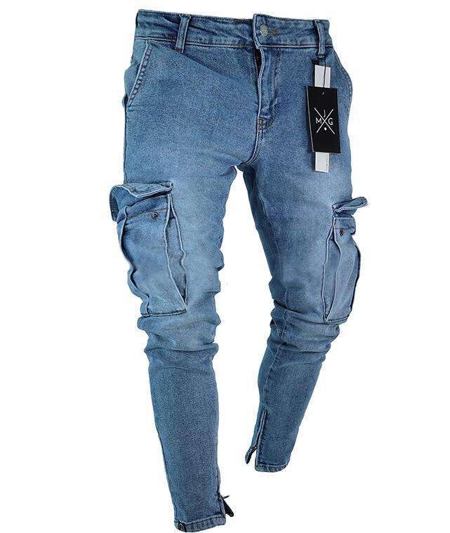 Mens Skinny Jeans Trend Knee Hole Zipper Pocket Denim Biker Jeans Hip Hop Distressed Slim Elastic Jeans Washed Jeans