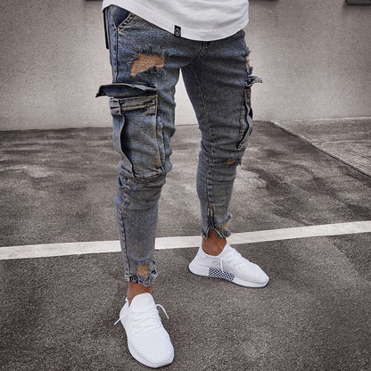Mens Skinny Jeans Trend Knee Hole Zipper Pocket Denim Biker Jeans Hip Hop Distressed Slim Elastic Jeans Washed Jeans