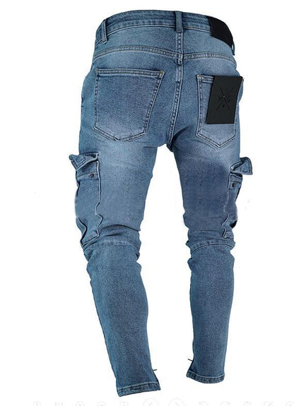 Mens Skinny Jeans Trend Knee Hole Zipper Pocket Denim Biker Jeans Hip Hop Distressed Slim Elastic Jeans Washed Jeans