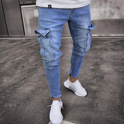 Mens Skinny Jeans Trend Knee Hole Zipper Pocket Denim Biker Jeans Hip Hop Distressed Slim Elastic Jeans Washed Jeans