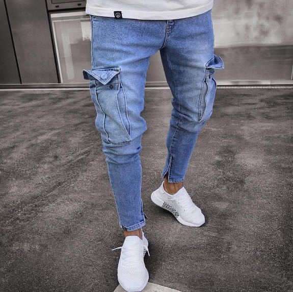 Mens Skinny Jeans Trend Knee Hole Zipper Pocket Denim Biker Jeans Hip Hop Distressed Slim Elastic Jeans Washed Jeans