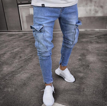 Mens Skinny Jeans Trend Knee Hole Zipper Pocket Denim Biker Jeans Hip Hop Distressed Slim Elastic Jeans Washed Jeans