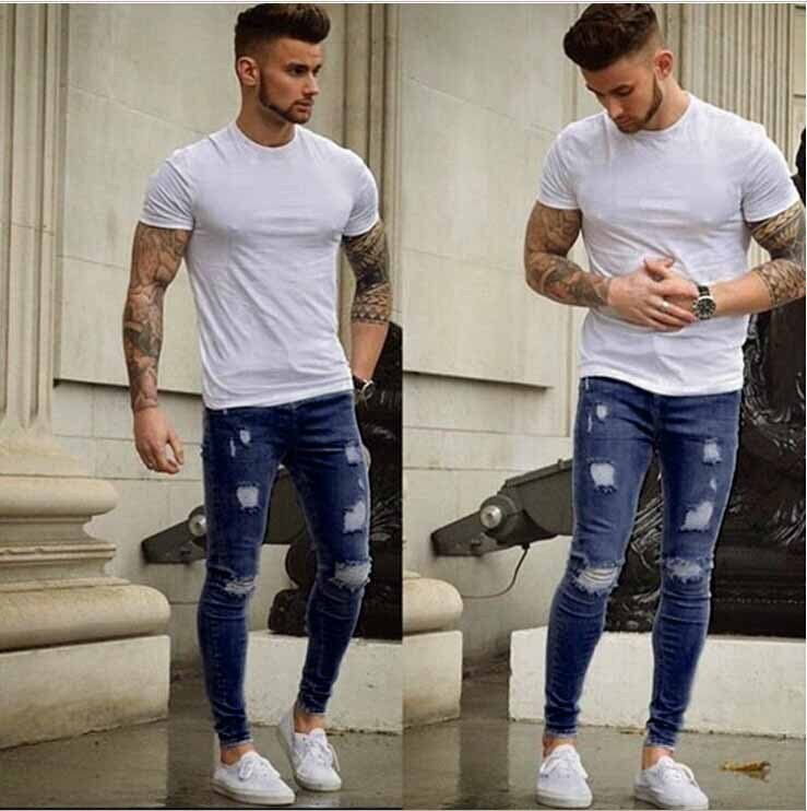 Men''s Slim Ripped Jeans 2019 New Fashion Slim Pencil Pants Casual Hole Design Streetwear