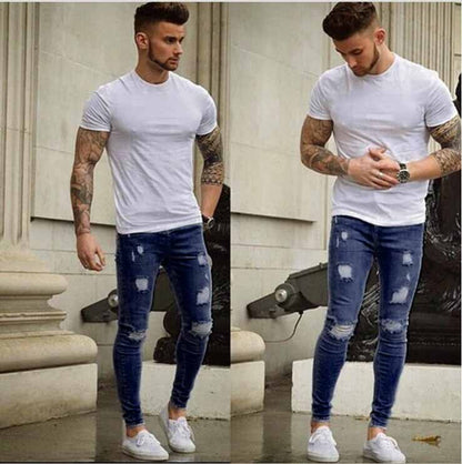 Men''s Slim Ripped Jeans 2019 New Fashion Slim Pencil Pants Casual Hole Design Streetwear