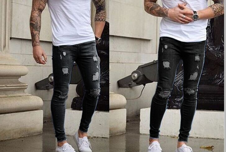 Men''s Slim Ripped Jeans 2019 New Fashion Slim Pencil Pants Casual Hole Design Streetwear