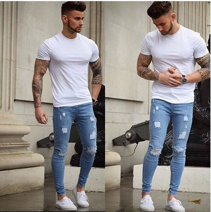 Men''s Slim Ripped Jeans 2019 New Fashion Slim Pencil Pants Casual Hole Design Streetwear