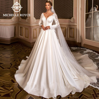 Michelle Royce A-Ling Wedding Dresses 2020 Sexy V-Neckline Long Sleeve Appliques Chapel Train Bridal Gowns Vestido De Noiva