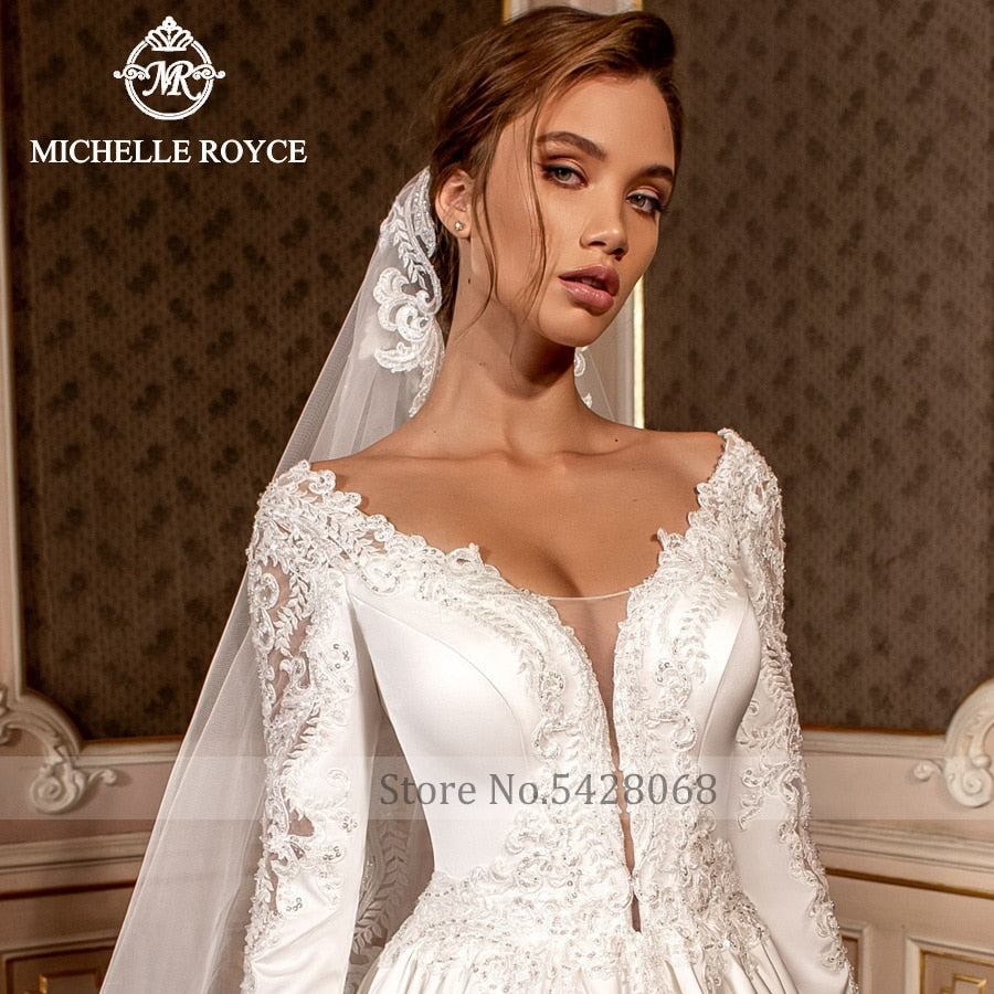 Michelle Royce A-Ling Wedding Dresses 2020 Sexy V-Neckline Long Sleeve Appliques Chapel Train Bridal Gowns Vestido De Noiva