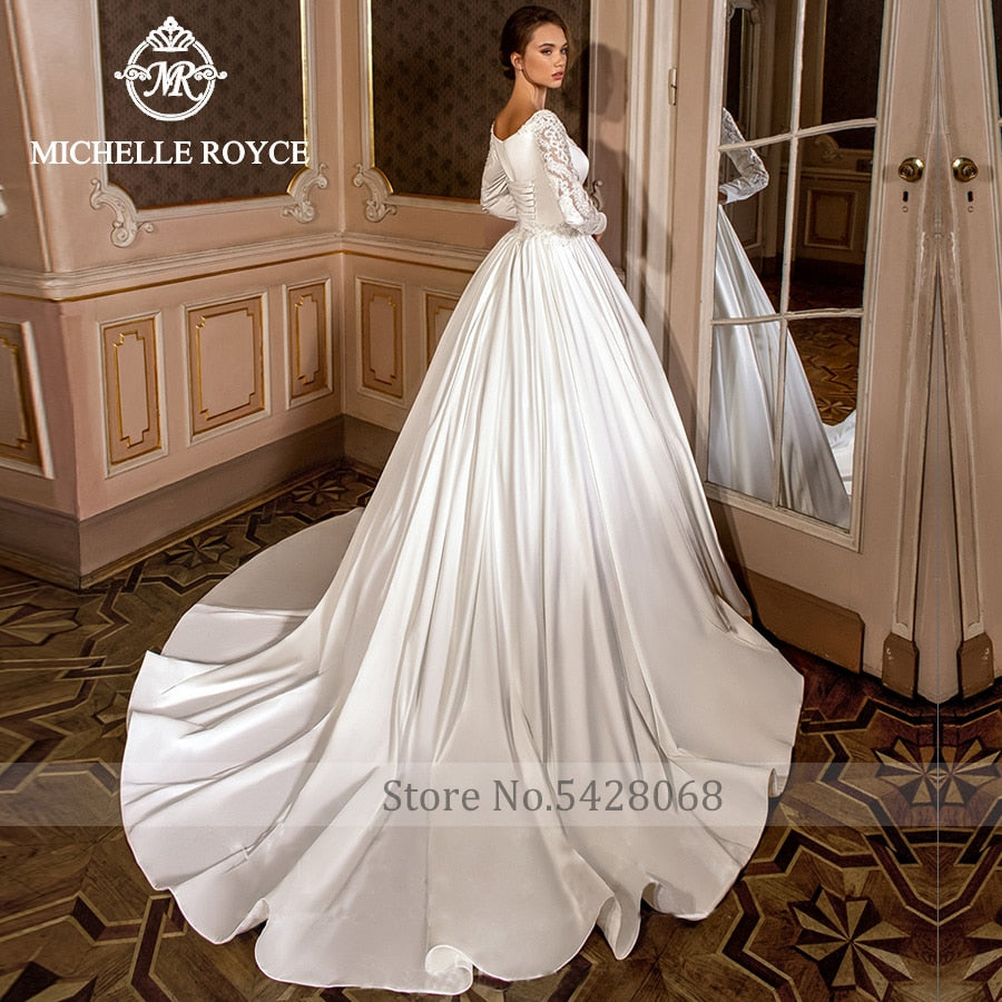 Michelle Royce A-Ling Wedding Dresses 2020 Sexy V-Neckline Long Sleeve Appliques Chapel Train Bridal Gowns Vestido De Noiva