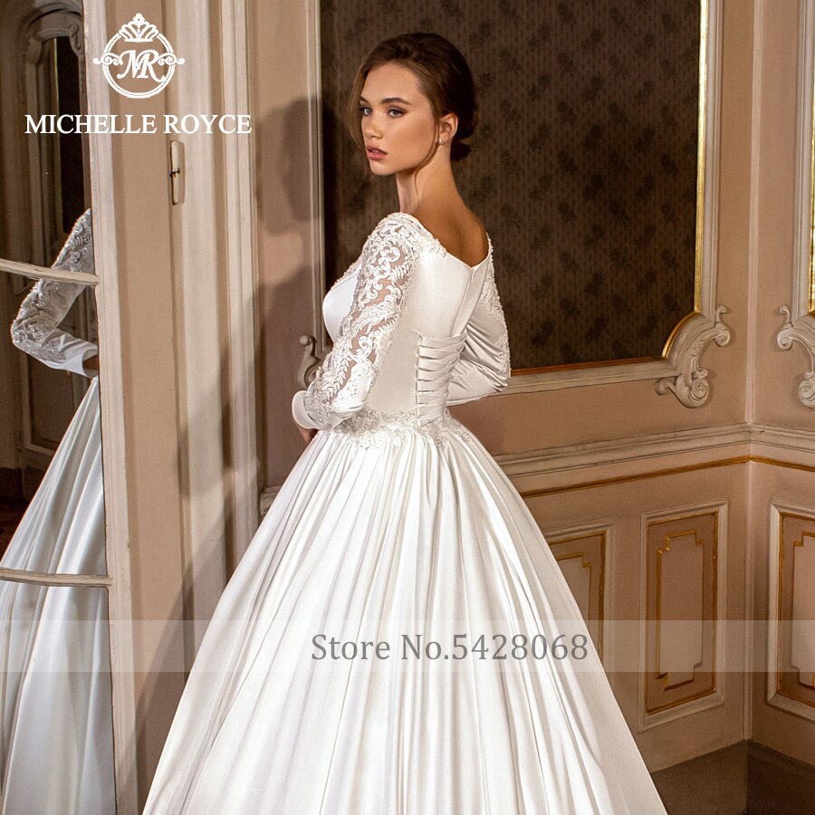Michelle Royce A-Ling Wedding Dresses 2020 Sexy V-Neckline Long Sleeve Appliques Chapel Train Bridal Gowns Vestido De Noiva