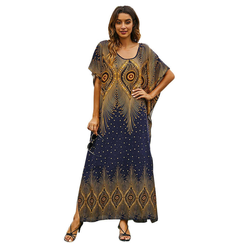 Middle East Abaya Dubai Muslim Robe Women O-Neck Bat Sleeve Elegant Holiday Loose Print Long Dress